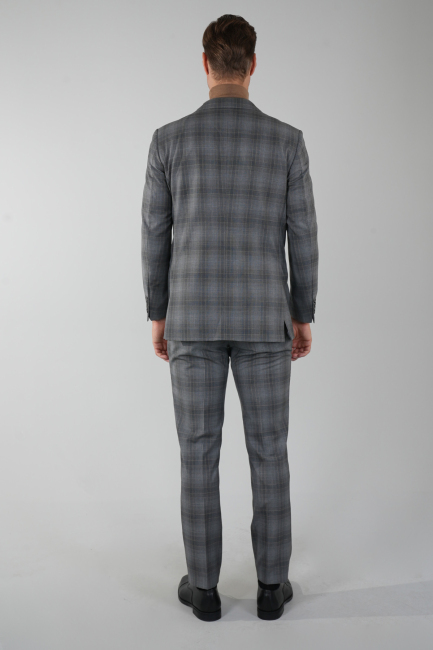 Gri Mono Yaka Çift Yırtmaçlı 6 Drop Yün Takım Elbise - 2