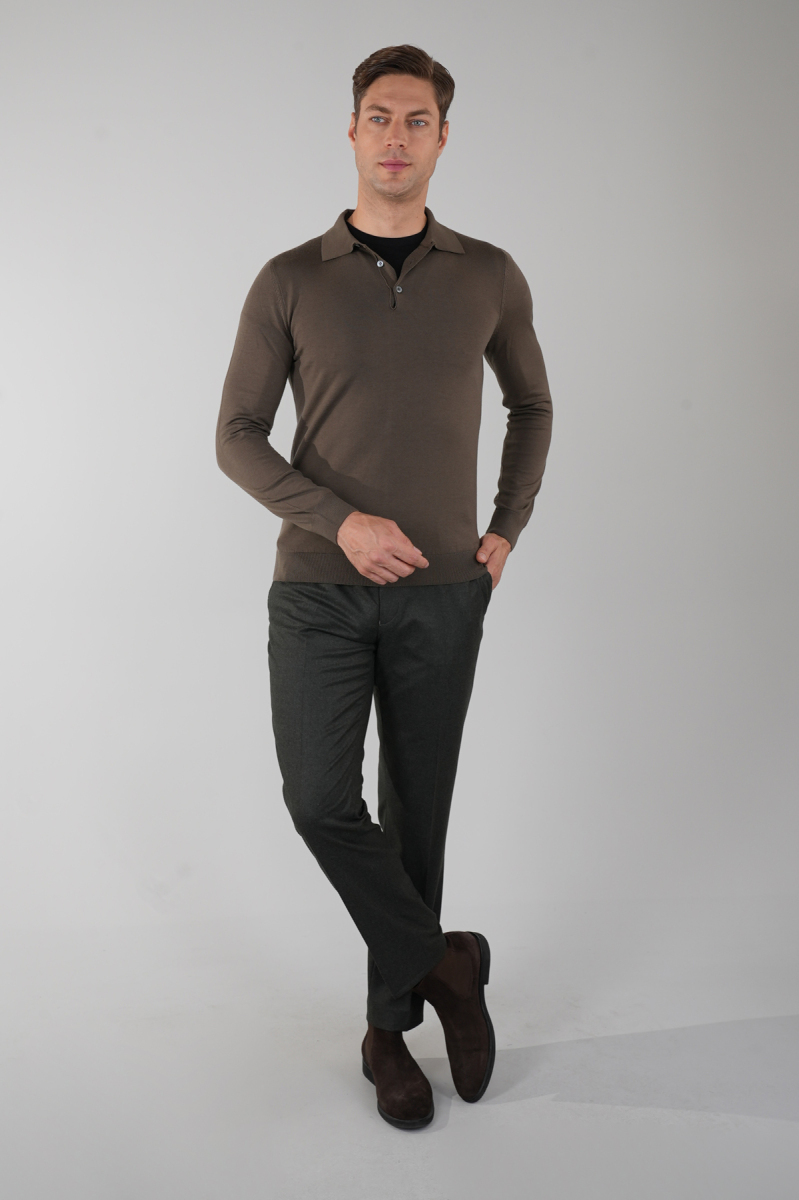 Haki Düğmeli Polo Yaka Erkek Yün Triko - 5