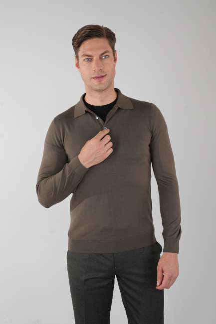 Haki Düğmeli Polo Yaka Erkek Yün Triko