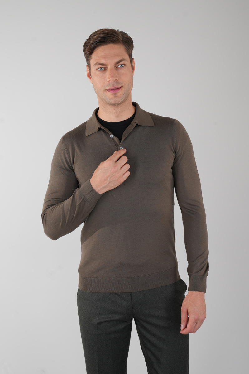 Haki Düğmeli Polo Yaka Erkek Yün Triko