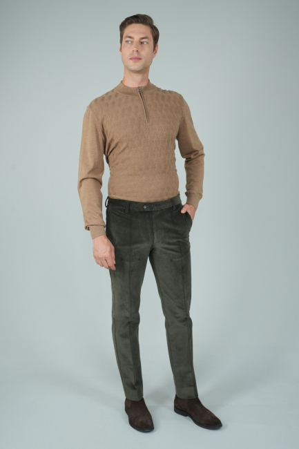 Haki Kadife Pamuk Modal Likralı Esnek Rahat 4 Cepli Erkek Pantolon - 5