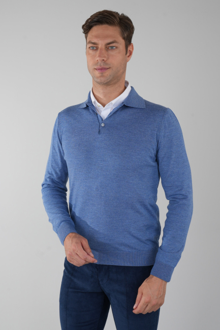 Indigo Düğmeli Polo Yaka Erkek Yün Triko - 5