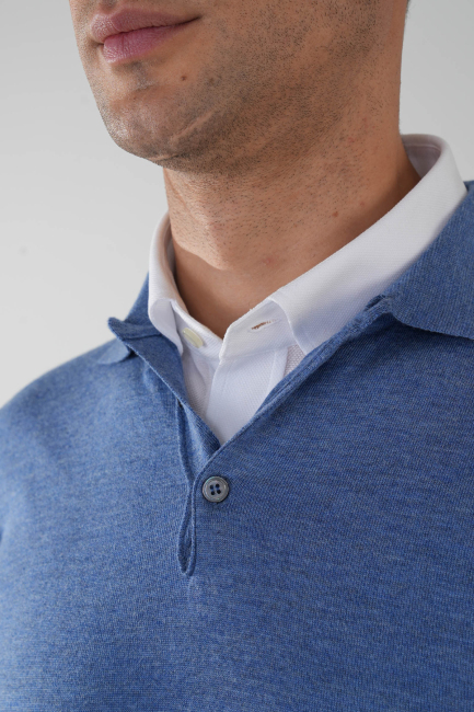 Indigo Düğmeli Polo Yaka Erkek Yün Triko - 3