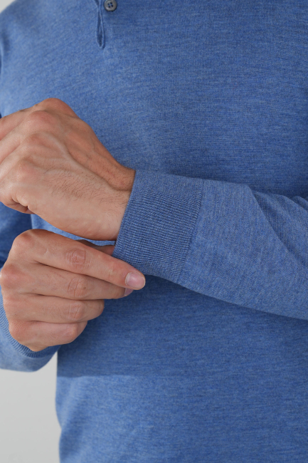 Indigo Düğmeli Polo Yaka Erkek Yün Triko - 4