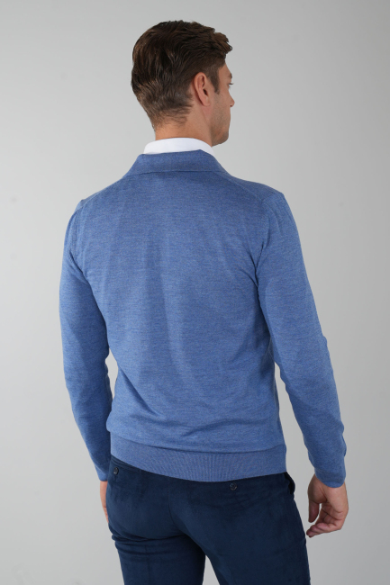Indigo Düğmeli Polo Yaka Erkek Yün Triko (1)