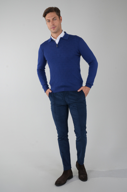 Indigo Polo Yaka Fermuarlı Ön Jakar Yün Erkek Triko - 5