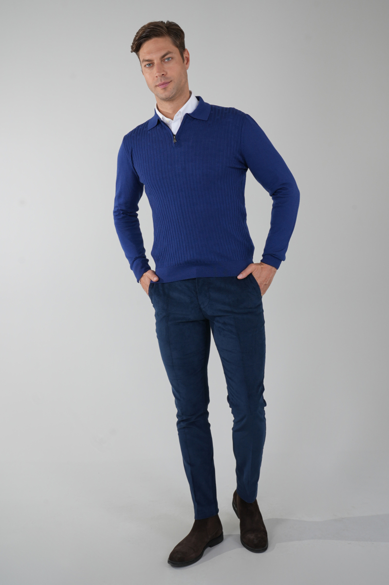 Indigo Polo Yaka Fermuarlı Ön Jakar Yün Erkek Triko - 5