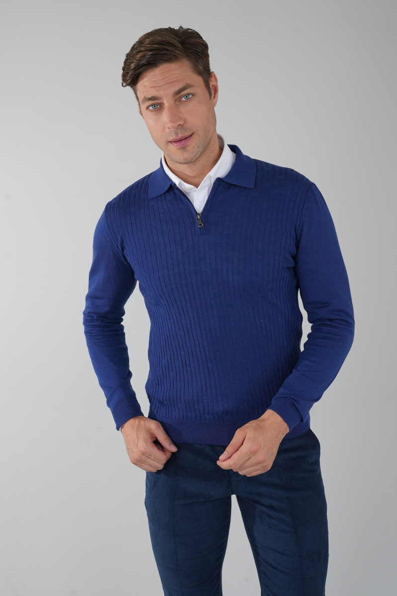 Indigo Polo Yaka Fermuarlı Ön Jakar Yün Erkek Triko