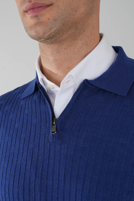 Indigo Polo Yaka Fermuarlı Ön Jakar Yün Erkek Triko - 3