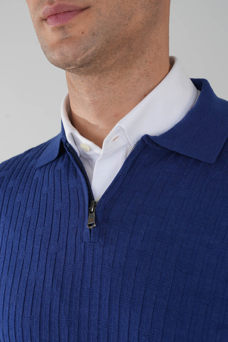 Indigo Polo Yaka Fermuarlı Ön Jakar Yün Erkek Triko - 3