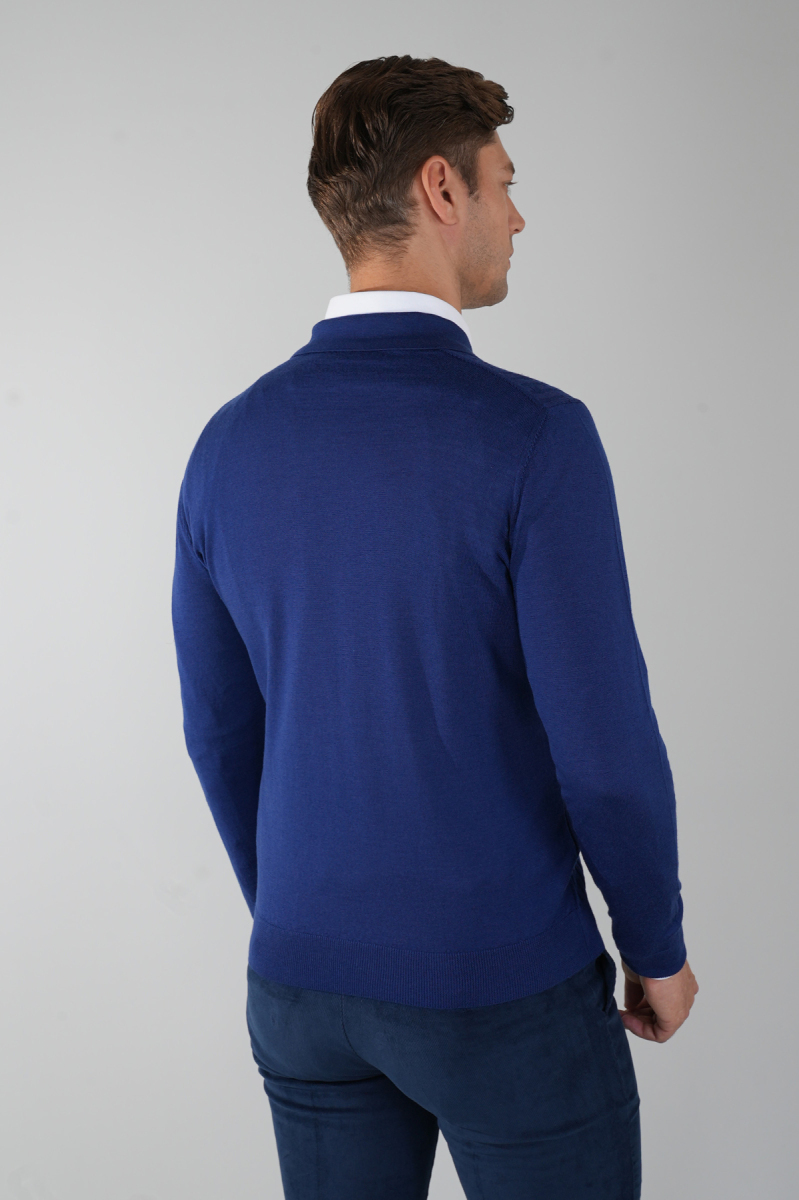 Indigo Polo Yaka Fermuarlı Ön Jakar Yün Erkek Triko (1)