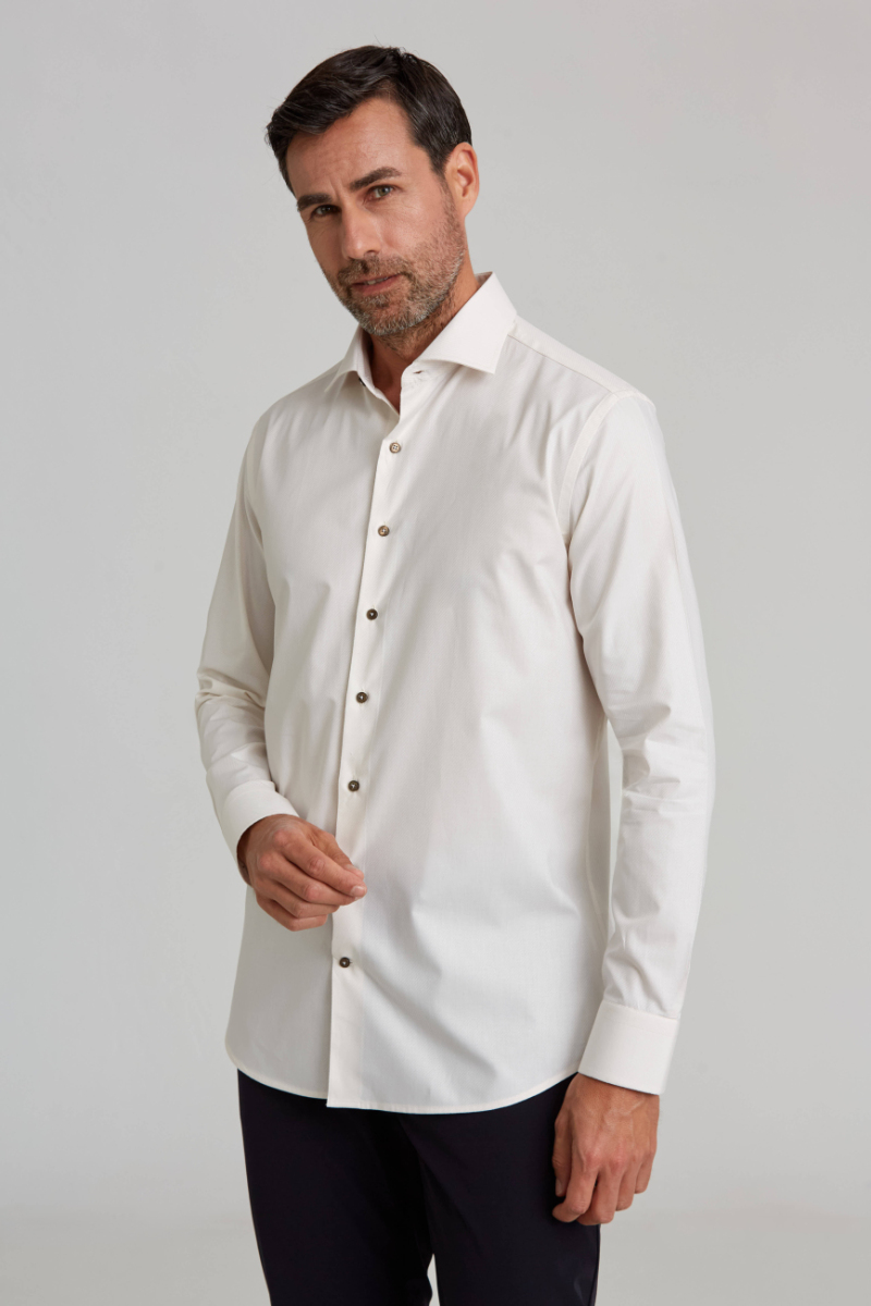İtalyan Yaka Gizli Düğmeli Uzun Kollu Ekru Spor Erkek Gömlek