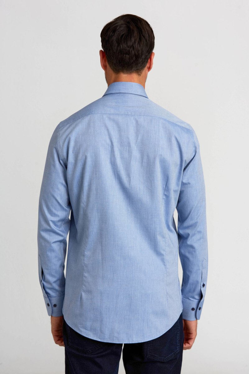İtalyan Yaka Gizli Düğmeli Uzun Kollu Mavi Spor Erkek Gömlek (1)