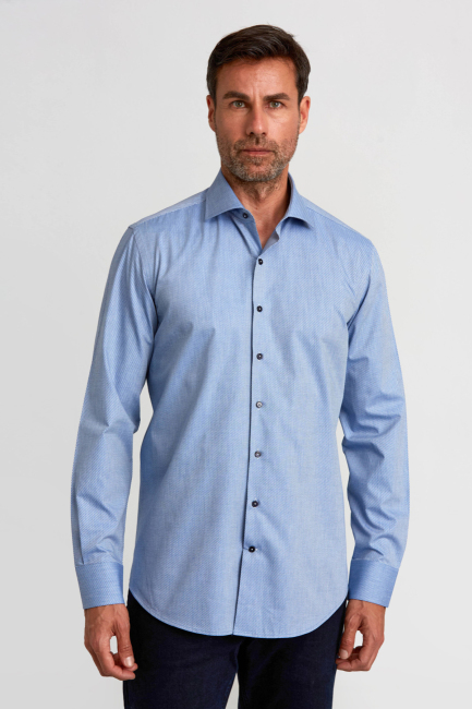İtalyan Yaka Gizli Düğmeli Uzun Kollu Mavi Spor Erkek Gömlek 