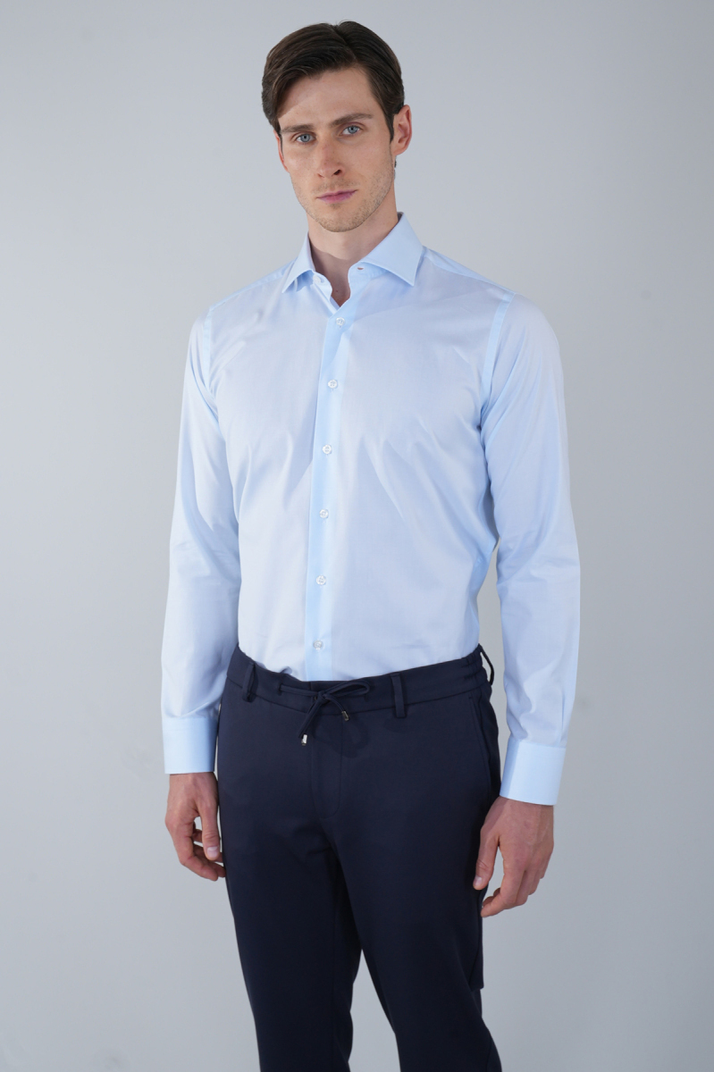 İtalyan Yaka Regular Fit Açık Mavi Uzun Kol Cepsiz Erkek Gömlek