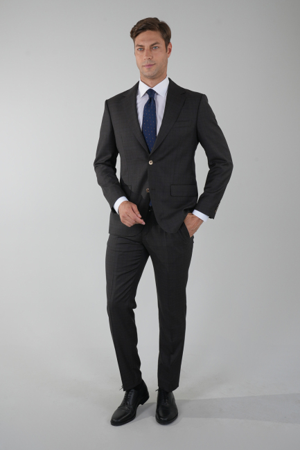 Kahve Comfort Fit Kruvaze Yaka Sedef Düğmeli 6 Drop Yün Takım Elbise - 1