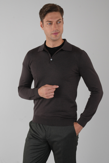 Kahve Düğmeli Polo Yaka Erkek Yün Triko