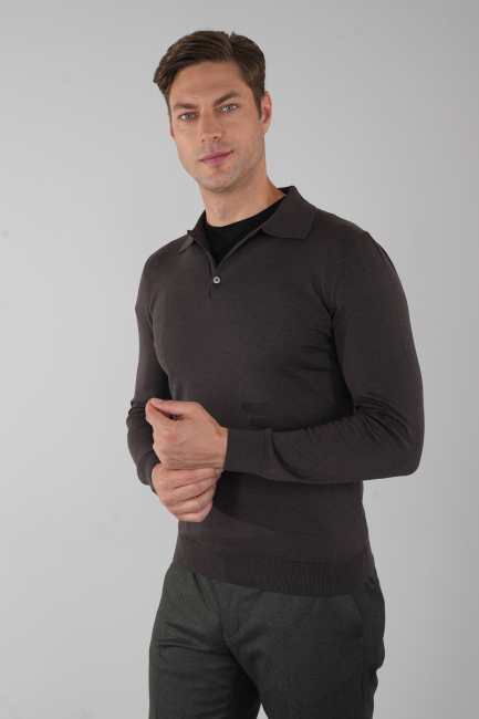 Kahve Düğmeli Polo Yaka Erkek Yün Triko - 4