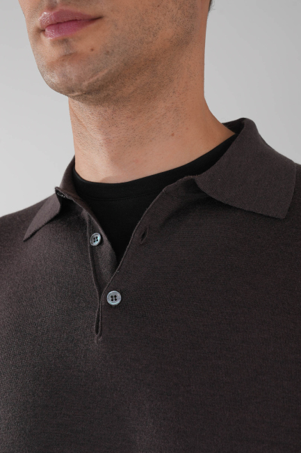 Kahve Düğmeli Polo Yaka Erkek Yün Triko - 3