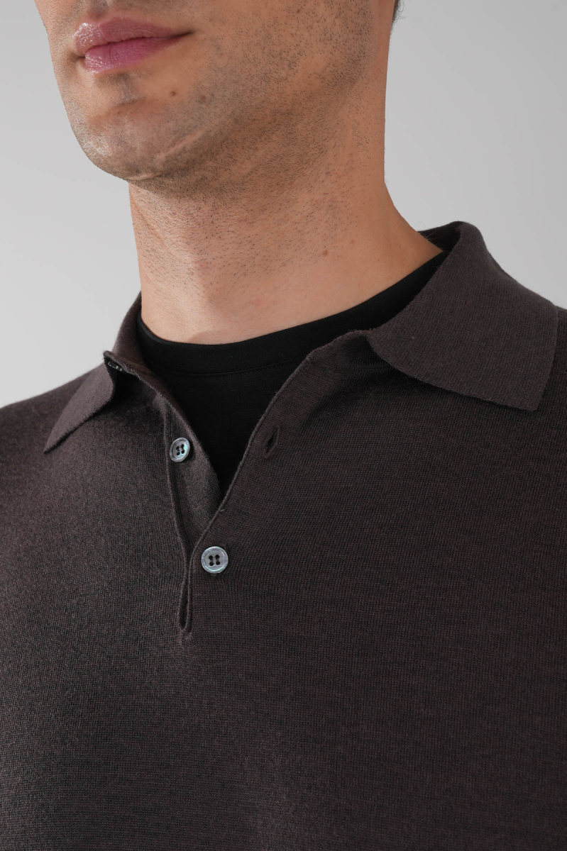 Kahve Düğmeli Polo Yaka Erkek Yün Triko - 3