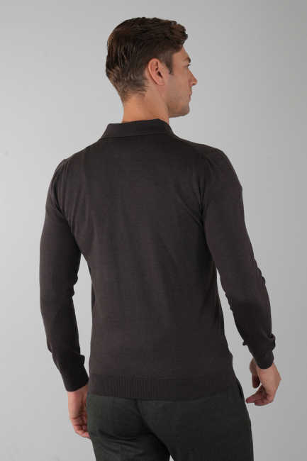 Kahve Düğmeli Polo Yaka Erkek Yün Triko - 5