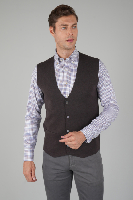 Kahve Düz Triko Yün Erkek Yelek