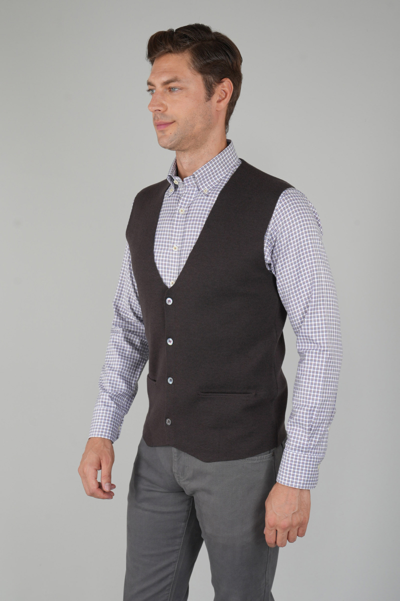 Kahve Düz Triko Yün Erkek Yelek - 3