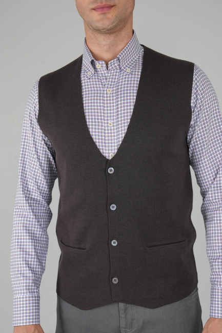 Kahve Düz Triko Yün Erkek Yelek - 4