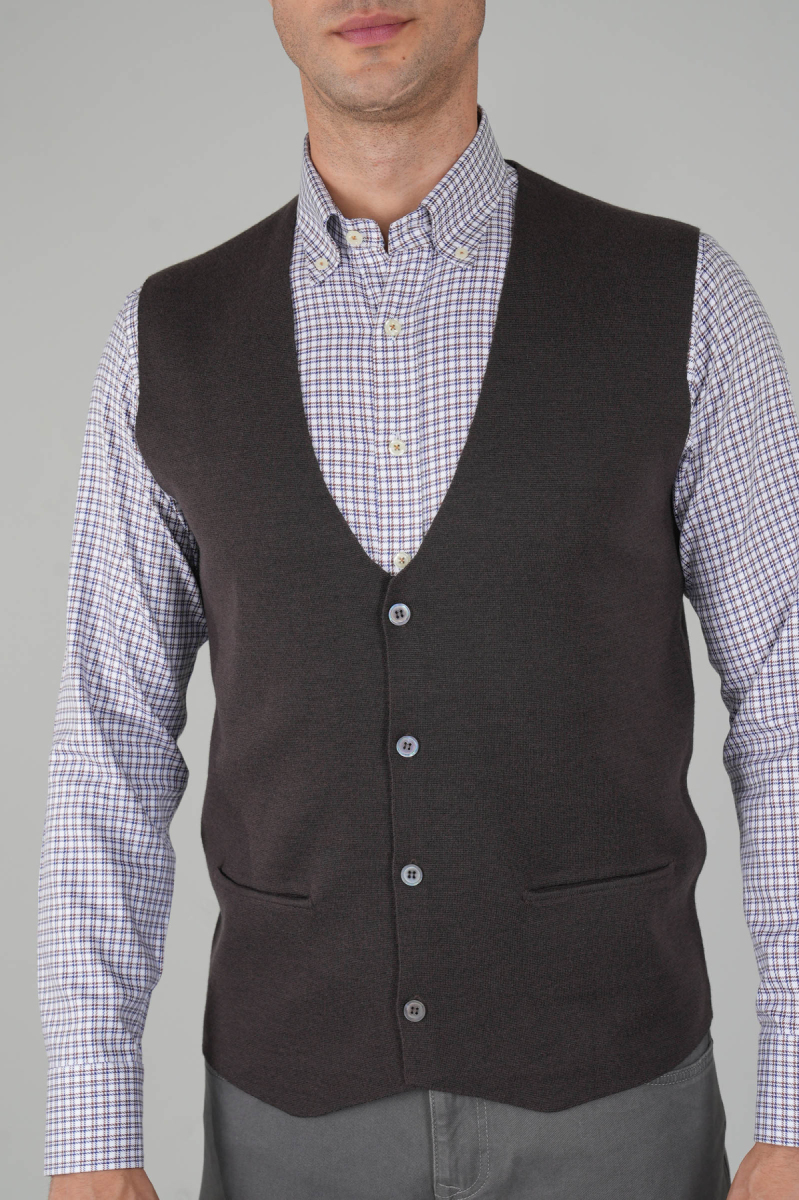 Kahve Düz Triko Yün Erkek Yelek - 4