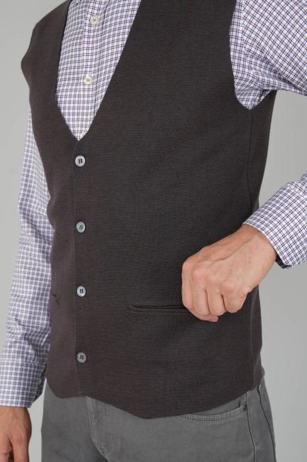 Kahve Düz Triko Yün Erkek Yelek - 5