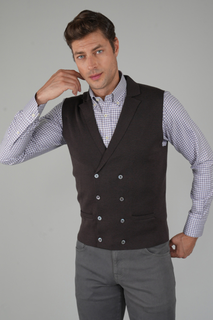 Kahve Kruvaze Yün Erkek Yelek