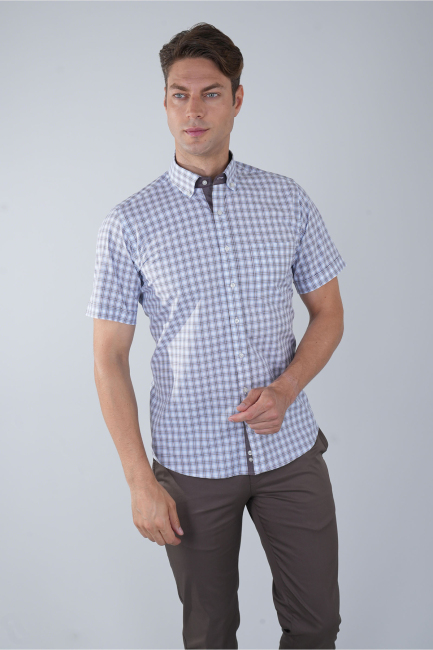 Kısa Kol Paşa Yaka Tek Cep Pamuk Kahve Erkek Gömlek - 1