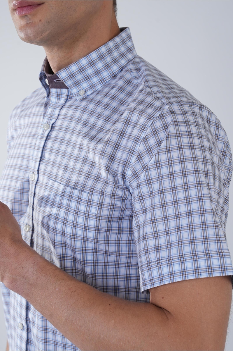 Kısa Kol Paşa Yaka Tek Cep Pamuk Kahve Erkek Gömlek - 4