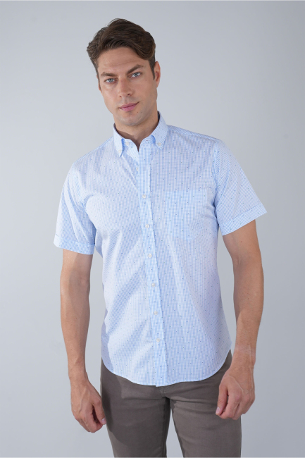 Kısa Kol Paşa Yaka Tek Cep Pamuk Mavi Erkek Gömlek - 1