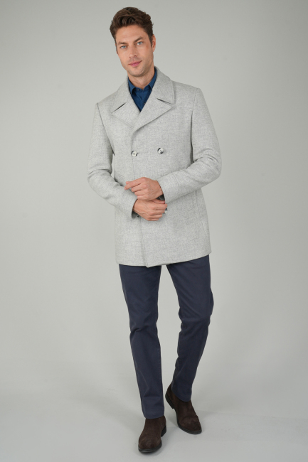 Kruvaze Düğme Detaylı Gri Erkek Kaban - 5