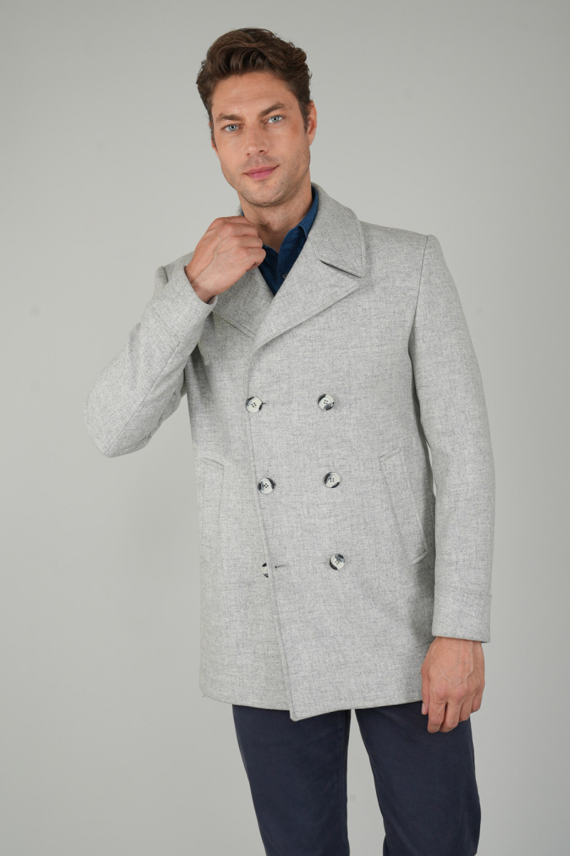 Kruvaze Düğme Detaylı Gri Erkek Kaban