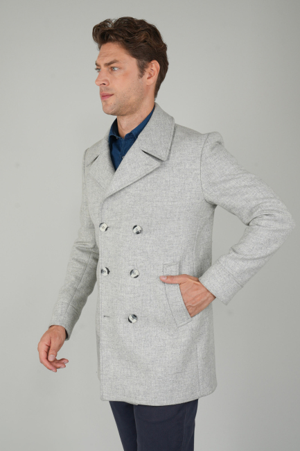 Kruvaze Düğme Detaylı Gri Erkek Kaban - 4