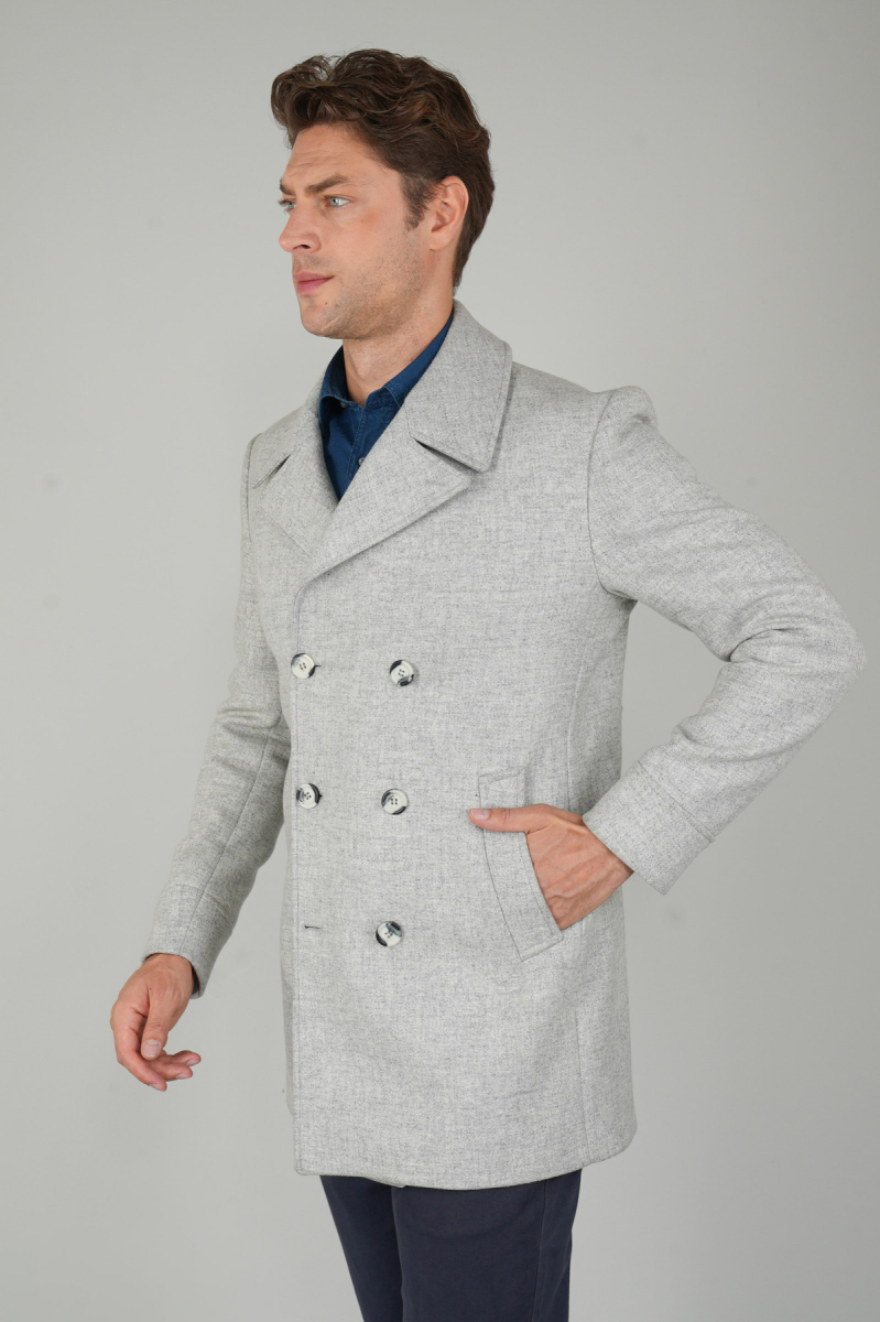 Kruvaze Düğme Detaylı Gri Erkek Kaban - 4