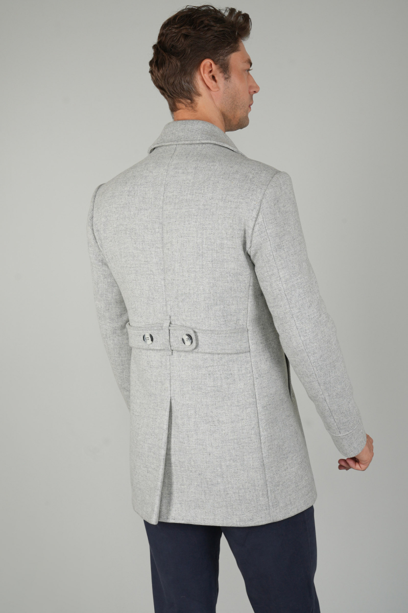 Kruvaze Düğme Detaylı Gri Erkek Kaban (1)