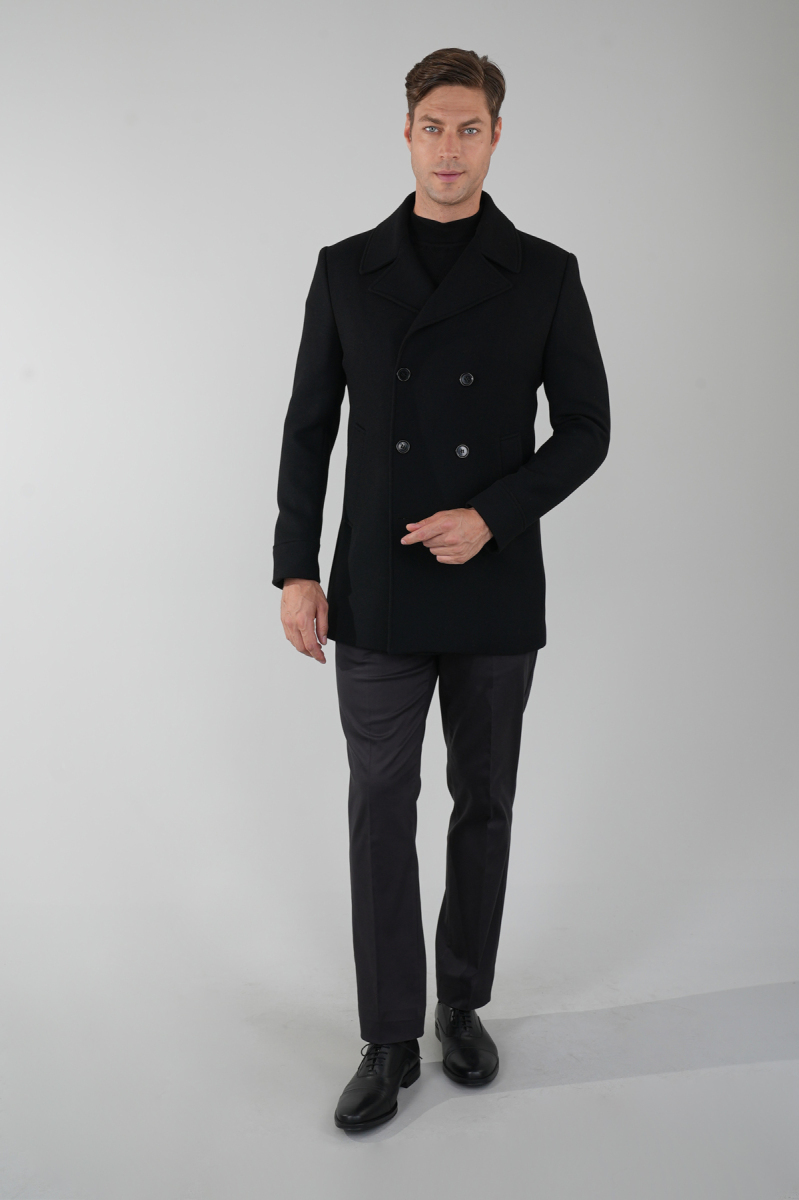 Kruvaze Düğme Detaylı Siyah Erkek Kaban - 5