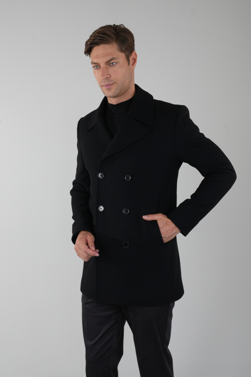 Kruvaze Düğme Detaylı Siyah Erkek Kaban