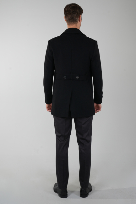 Kruvaze Düğme Detaylı Siyah Erkek Kaban - 2