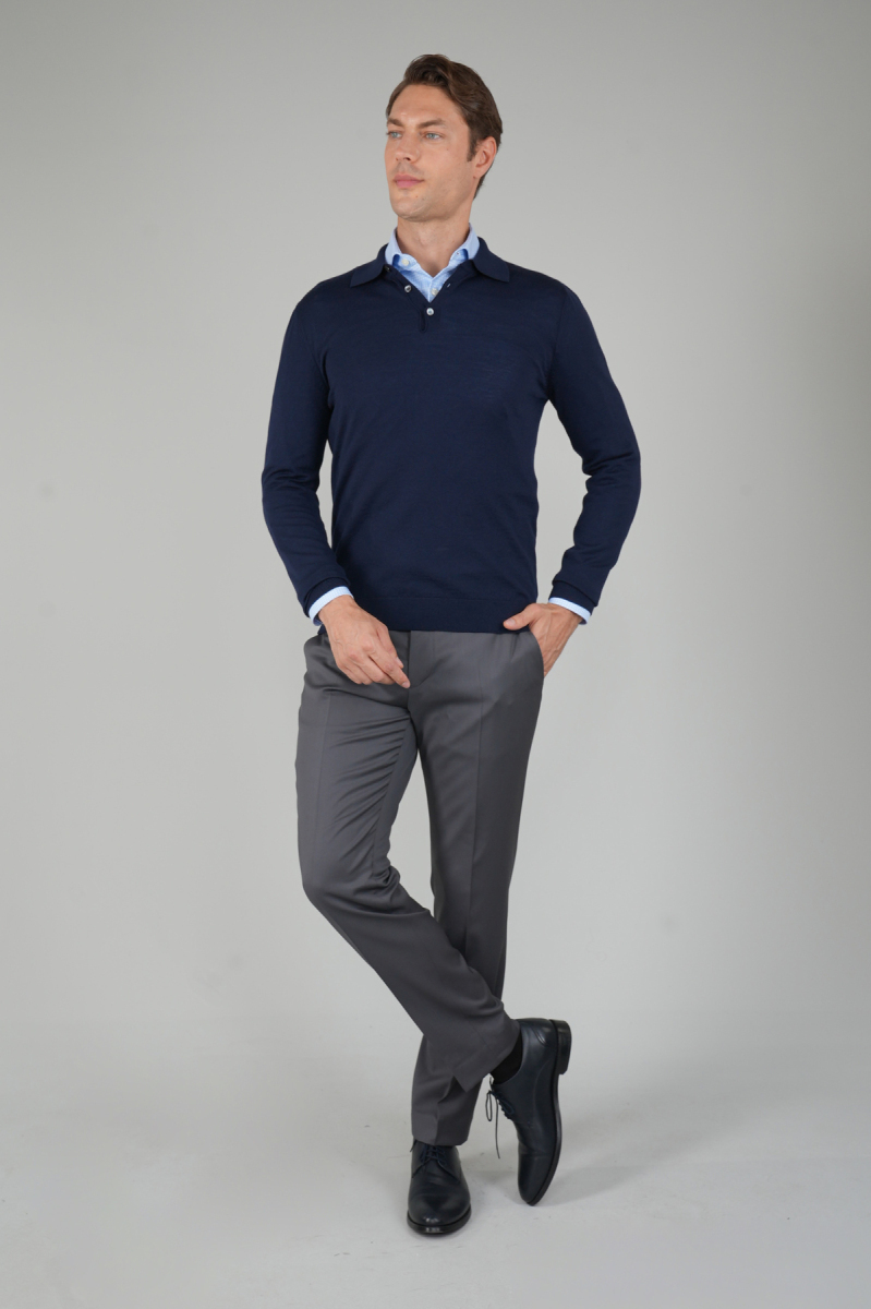 Lacivert Düğmeli Polo Yaka Erkek Yün Triko - 5