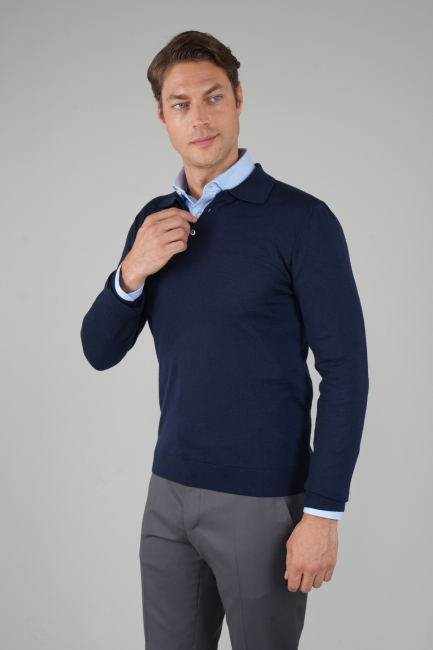 Lacivert Düğmeli Polo Yaka Erkek Yün Triko 