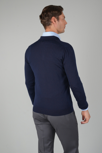 Lacivert Düğmeli Polo Yaka Erkek Yün Triko - 2