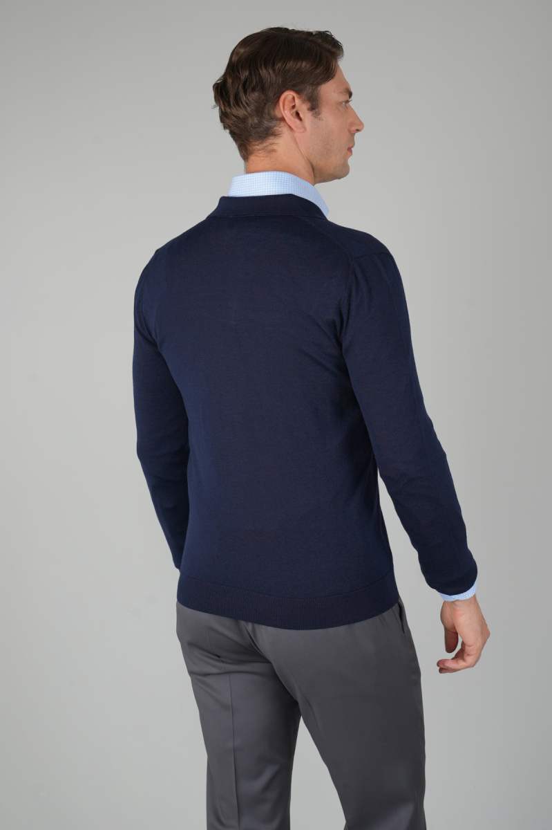 Lacivert Düğmeli Polo Yaka Erkek Yün Triko (1)