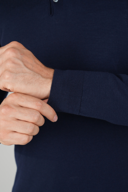 Lacivert Düğmeli Polo Yaka Erkek Yün Triko - 4