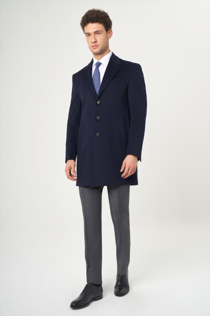 Lacivert Erkek Platium Yün Palto - 5