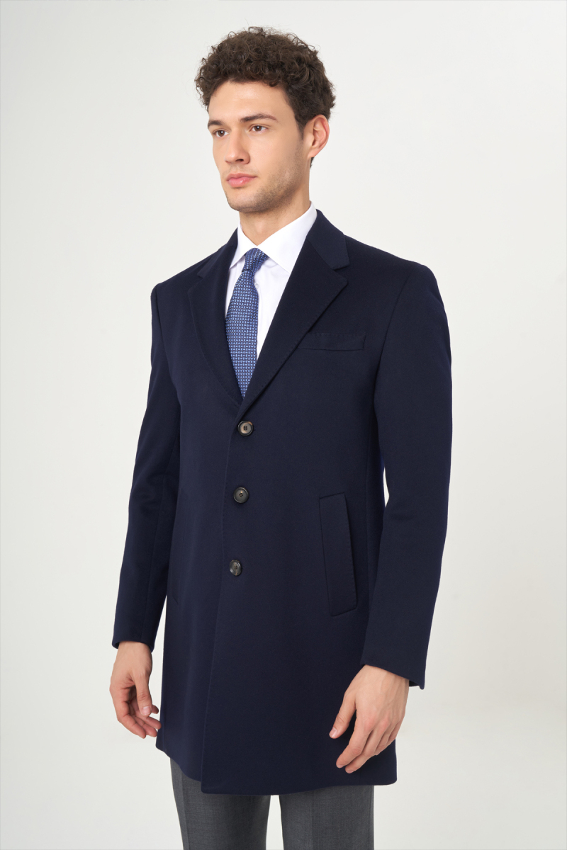 Lacivert Erkek Platium Yün Palto - 4