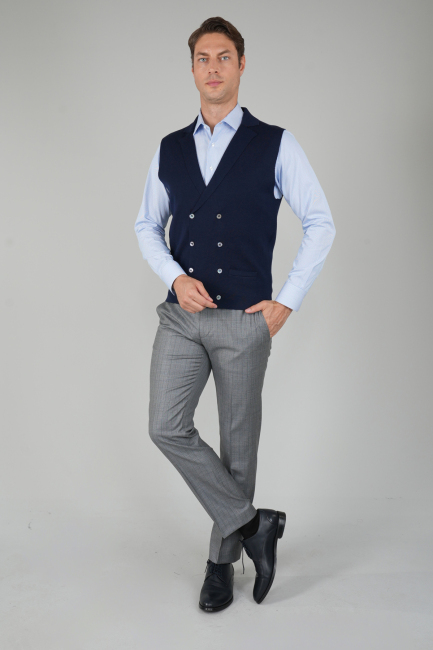 Lacivert Kruvaze Yün Erkek Yelek - 5